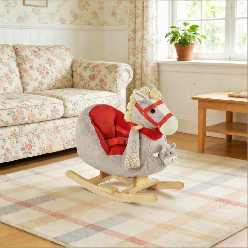 Cheval à bascule pour enfants, doux et résistant, avec musique et dispositifs de sécurité pour des moments de jeu amusants et confortables.