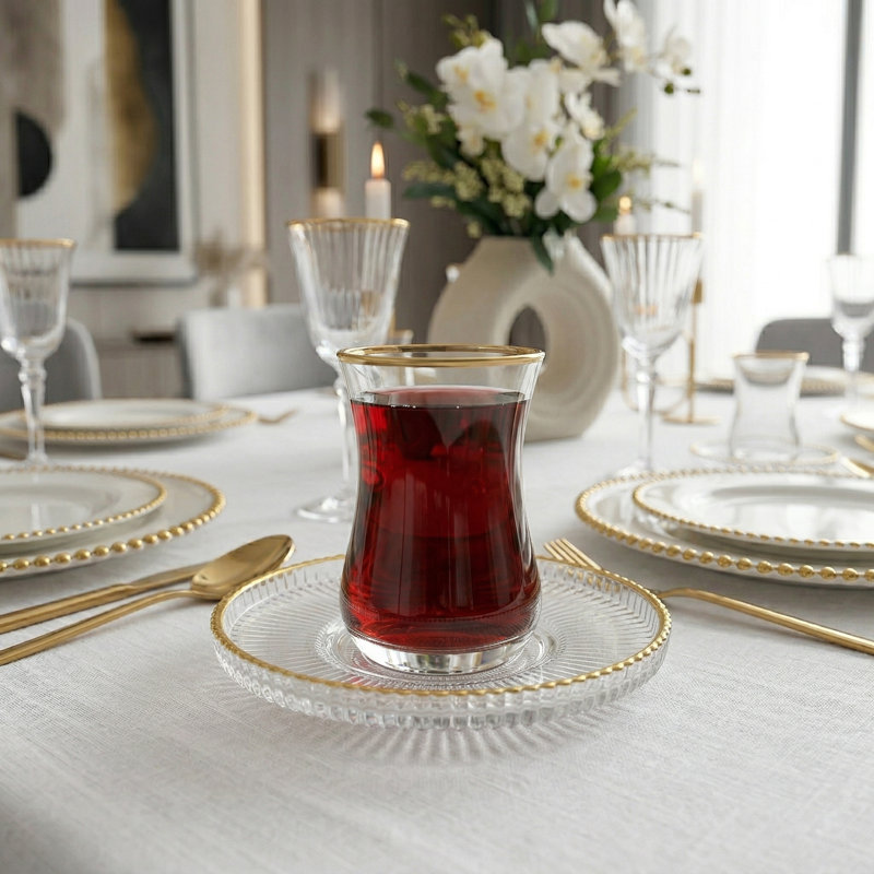 Ensemble de 4 soucoupes côtelées avec bordure dorée