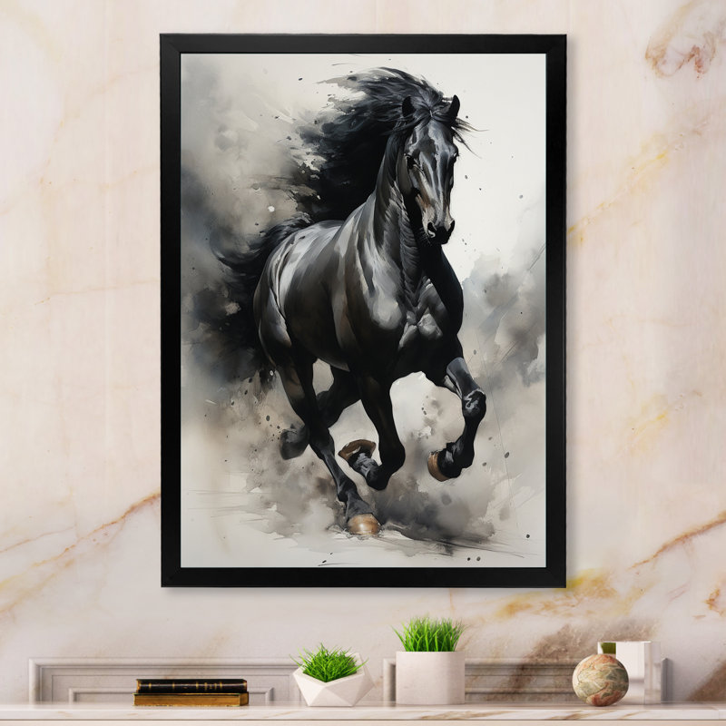 " Black Horse Galopping Ink ", Black Single Picture Framed, 32" H x 24" W x 1" D