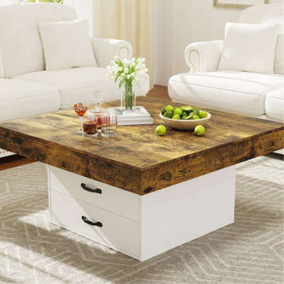 Table basse à DEL de style moderne, tiroirs de rangement cachés, 35 po x 35 po spacieux, modes d'éclairage multicolores à deux lumières, stable et plateau