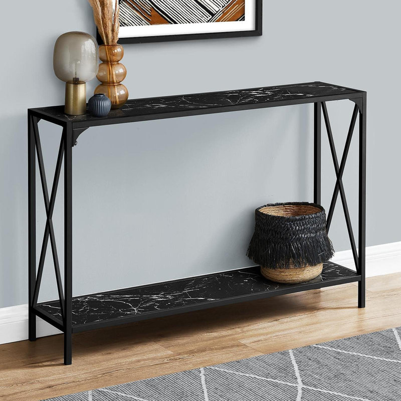 Table d'appoint, console, vestibule, étroit, canapé, salon, chambre à coucher, aspect marbre noir, métal noir, contemporain, moderne