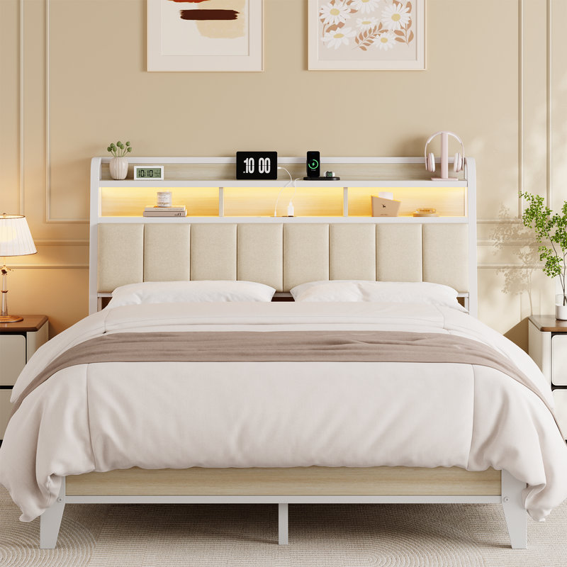 Upholstered Headboard With Built-In Outlets, LED Light & 2-Tier Storage, Adjustable Height, Ergonomic Design, Sturdy Frame