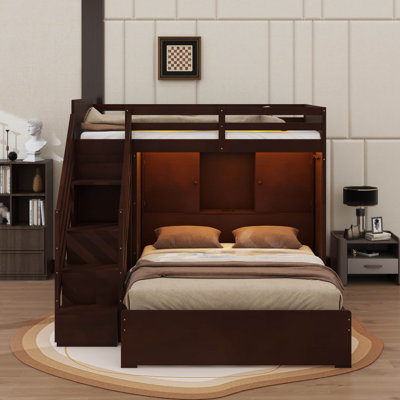 Lit superposé avec escalier de rangement, lit superposé en bois avec tablettes de rangement, garde-robe, port USB, station de charge et lumière