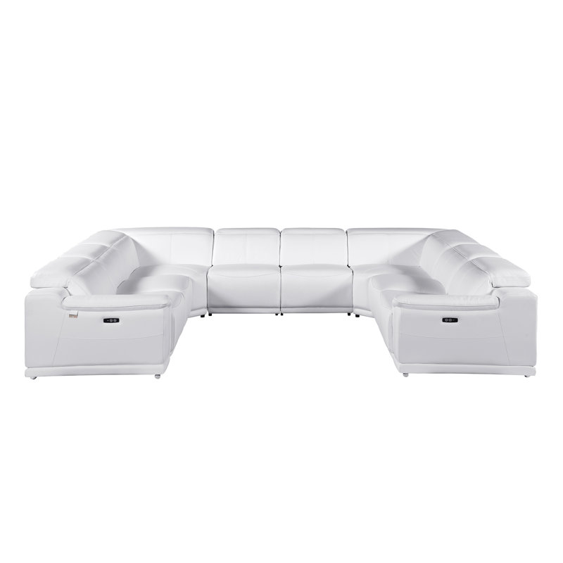 Lily 8 Piece 4 Power Top Grain Italian Leather Sectional, White Genuine Leather