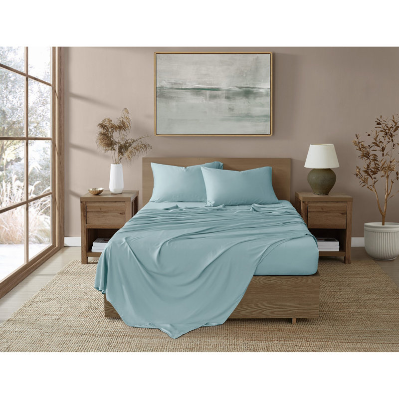 Ensemble de draps 300 fils Brooklyn, Ensemble de draps pour grand lit avec 2 taies d'or, Bleu