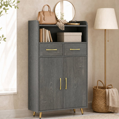 Armoire de rangement pour salle de bain avec 2 tiroirs et 2 portes, tablette réglable et pieds en métal chêne gris