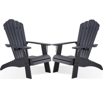 Adirondack Chair, Outdoor Oversized 350Lbs Patio Chair with Cup Holder, All-Season Weatherproof and Fade-Resistant Outdoors Seating,Black
