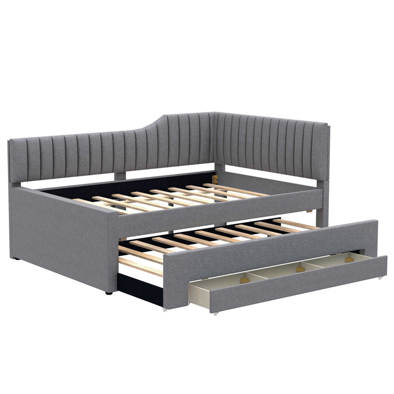 Upholstered Daybed With Trundle And Three Drawers, Gray, Full/Double