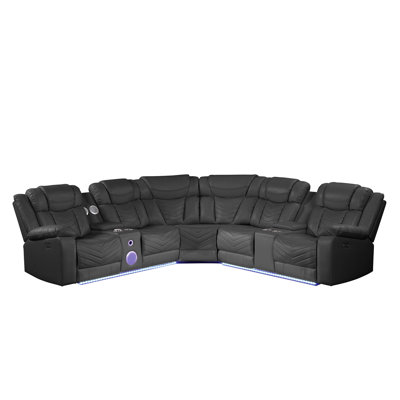 Canapé modulaire contemporain en similicuir gris, fauteuil inclinable électrique, ports et porte-gobelets en acier inoxydable pour se détendre en cuir incurvé moderne à 6 places avec contrôle du fauteuil inclinable