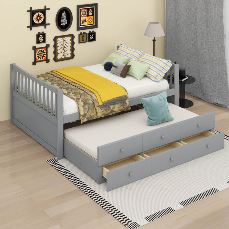 Lit de jour double avec lit gigogne simple et 3 tiroirs de rangement, gris