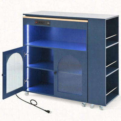 Rolling Kitchen Island With Extended Table, Kitchen Island on Wheels with LED Lights,Power Outlets and 2 Fluted Glass Doors, Kitchen Island with a Sto by Latitude Run