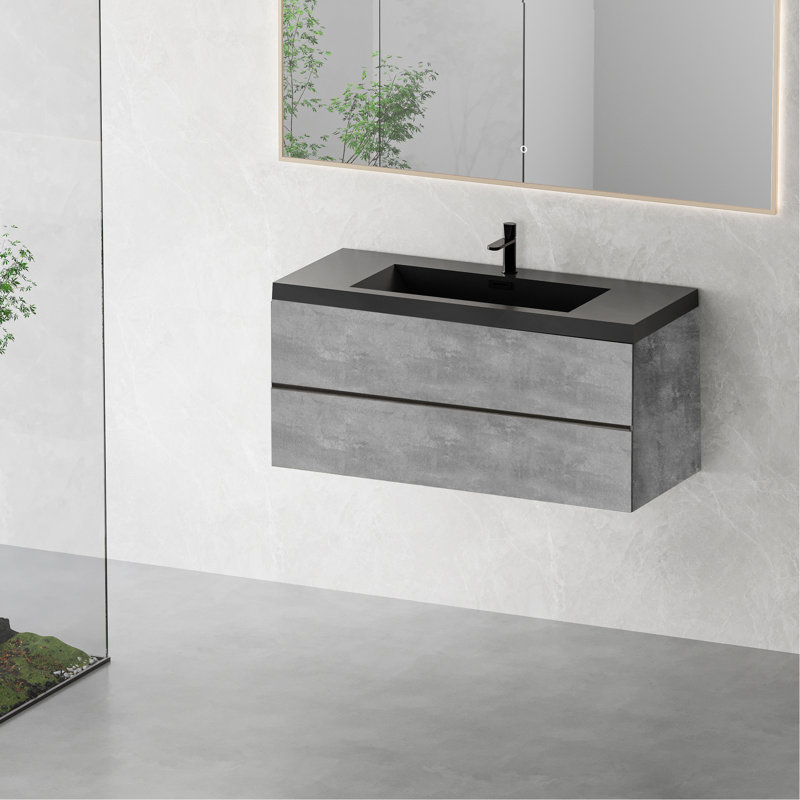 Meuble-lavabo flottant 48 po avec lavabo à sable en quartz, armoire grise moderne. Tiroirs à fermeture en douceur pour une texture de lavabo esthétique, baignoire unique