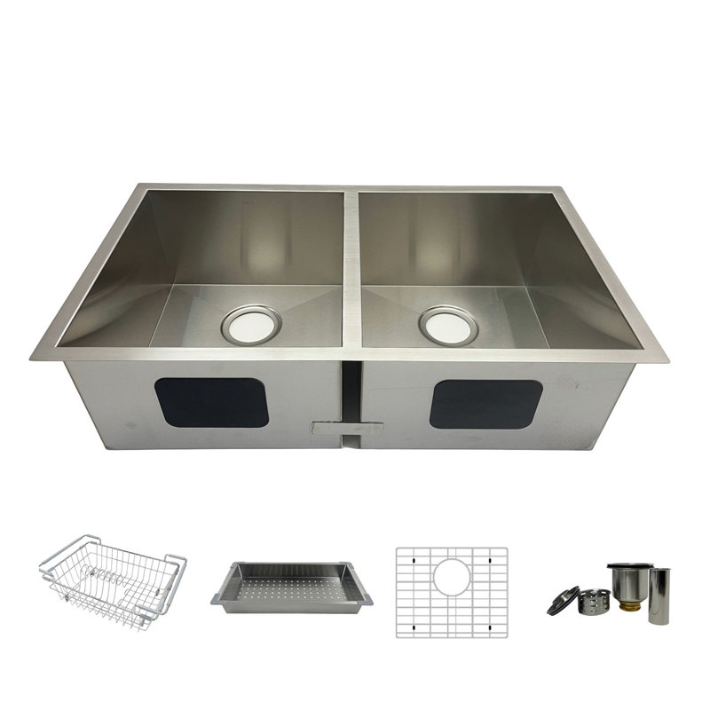 Évier de cuisine en acier inoxydable encastré - double cuve 32 po avec accessoires