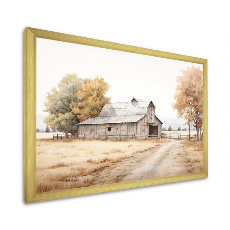 Paysage de grange, minimalisme, paysage - art mural de grange, H 34 po x l 44 po x P 1,5 po, Cadre doré
