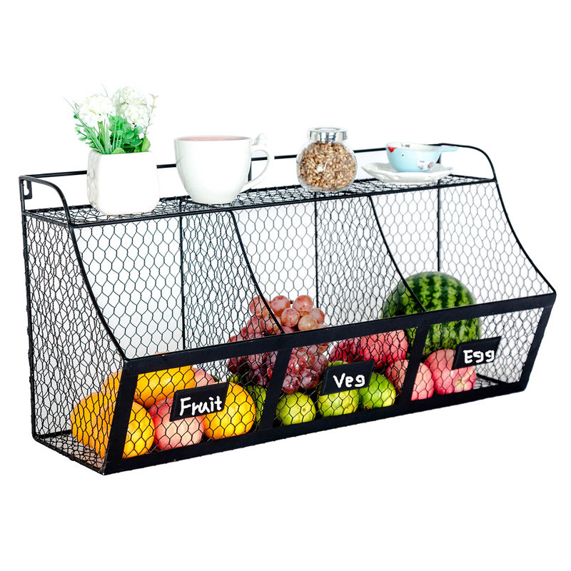 3 Wire Storage Compartment Basket Rack Metal, Produce, Storage Bins, Black