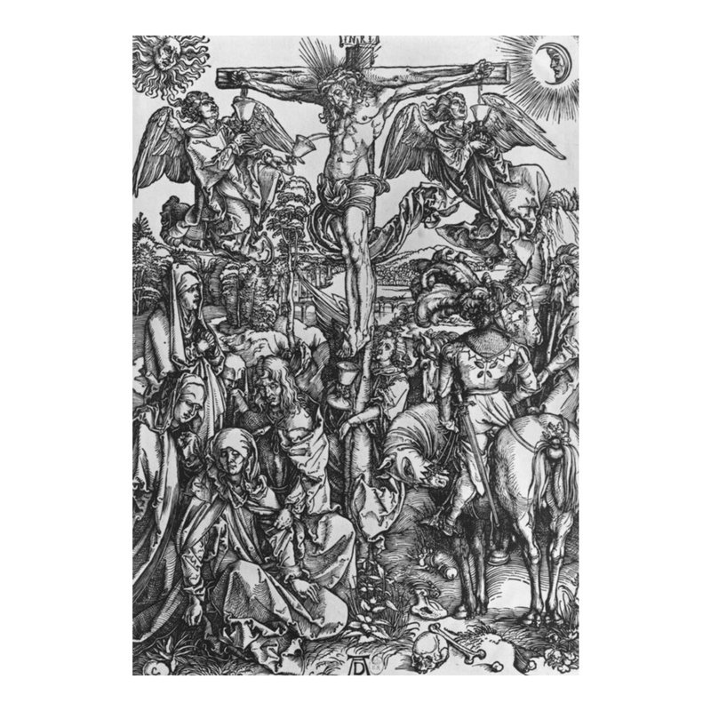 Le Christ sur la croix (gravure sur bois) (photo noir et blanc) par Albrecht Dürer - Estampe numérique, H 20 po x l 16 po