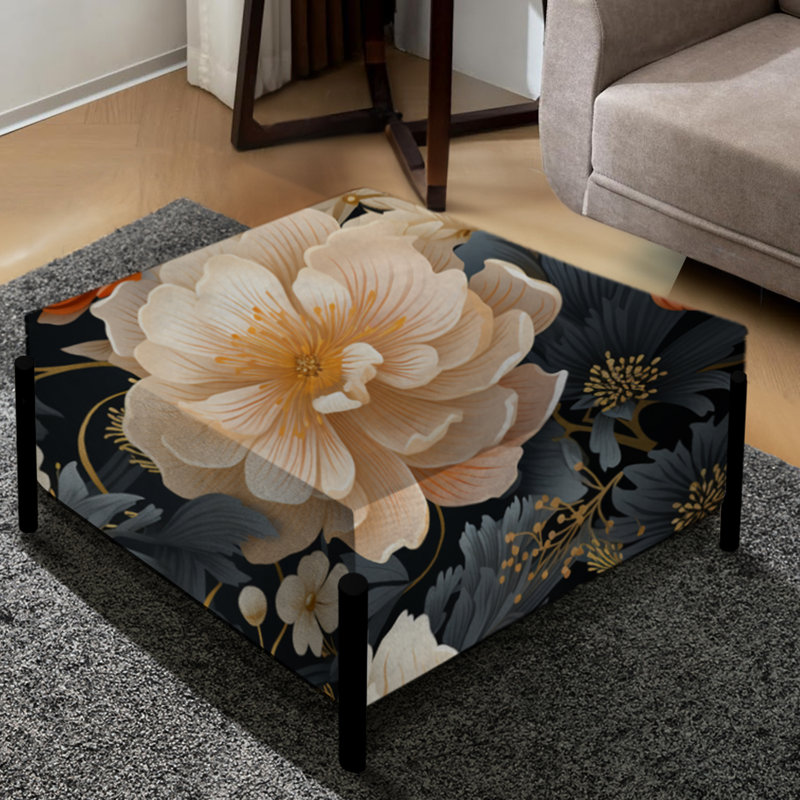 Grand repose-pieds carré blanc avec pivoines blanches