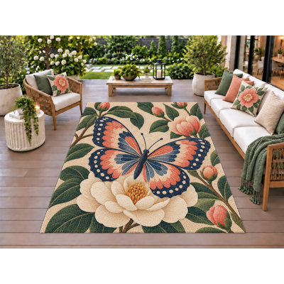 Tapis d'extérieur 5' x 7' Papillon Camélia, épais, solide, imperméable, en PVC bouclé, tapis de patio robuste, tapis intérieur/extérieur à séchage rapide pour porche, terrasse, balcon, entrée, camping-car.