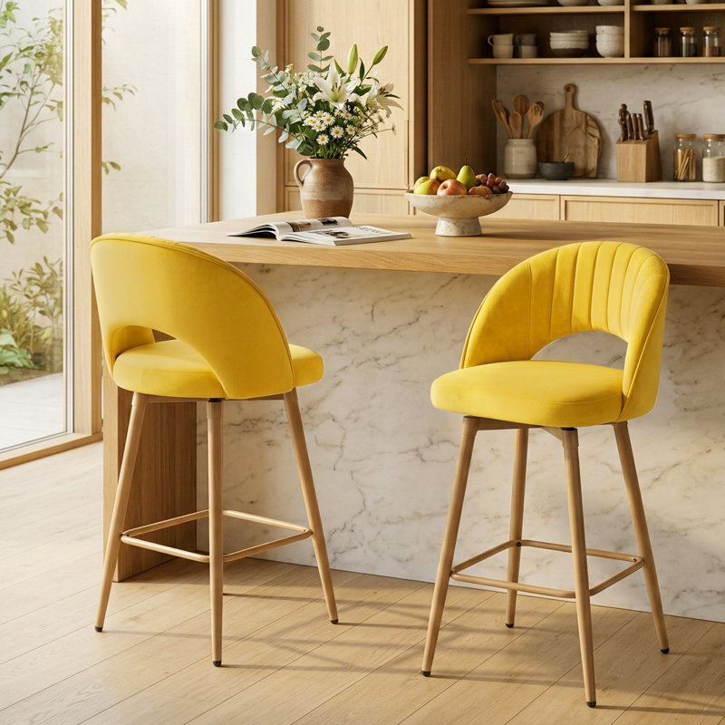 Ensemble de 3 tabourets de bar pivotants avec dossier 360 °, Jaune, 2