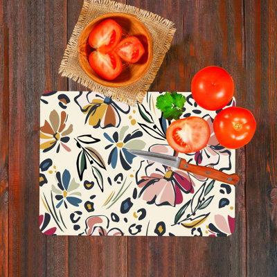 Floral Patterned Brightly Colored Flowers on Glass Serving Board Ideal for Cutting Meat and Display of Delicacies