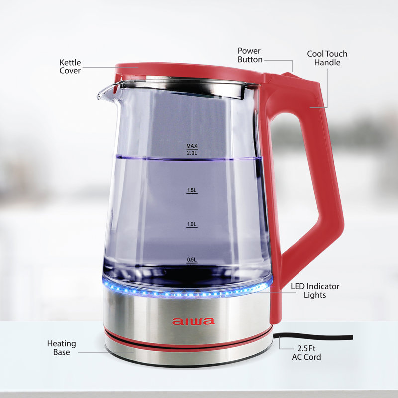 2 Litre Electric Water Kettle, 8.4 Cups Fast Hot Water Boiler, Glass Tea Kettle, Red
