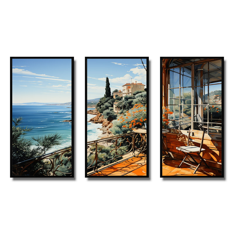 French Riviera Beach Reflections - Coastal Windows, art mural, H 28 po x l 36 po x P 1 po, Cadre flottant noir
