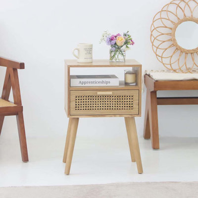 Nightstand Rattan Side End Table With Storage, For Living Room, Bedroom And Small Spaces, Accent Bedside Farmhouse Tables With Solid Wood Legs, Easy Assembly 