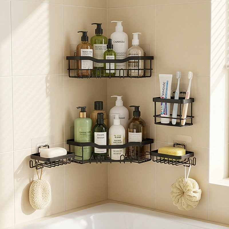 5-Piece Black Hanging Shower Caddy Set - Adhesive Storage with Shelves, Soap Holders & Hook