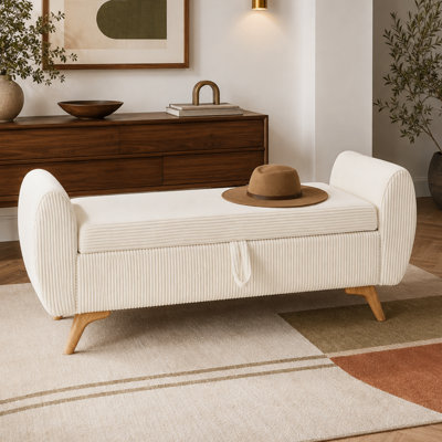 Banc de rangement moderne en velours côtelé minimaliste avec compartiment caché, accoudoirs courbés et pieds en bois pour la chambre à coucher, le vestibule, le couloir et le salon