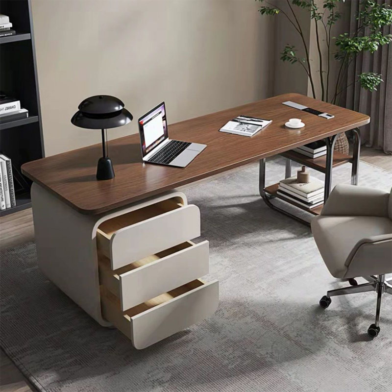 Bureau à 3 tiroirs en bois manufacturé rectangulaire brun noyer + noir + cristal crème + acier inoxydable, Retour à gauche