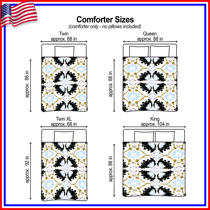 Floral Black White Motif Comforter, Twin
