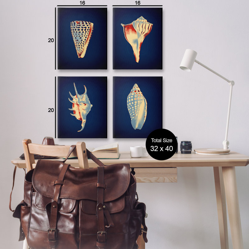  «Bright Shells on Indigo», ensemble de 4 toiles murales par Graffi * Tee, H 20 po x l 16 po
