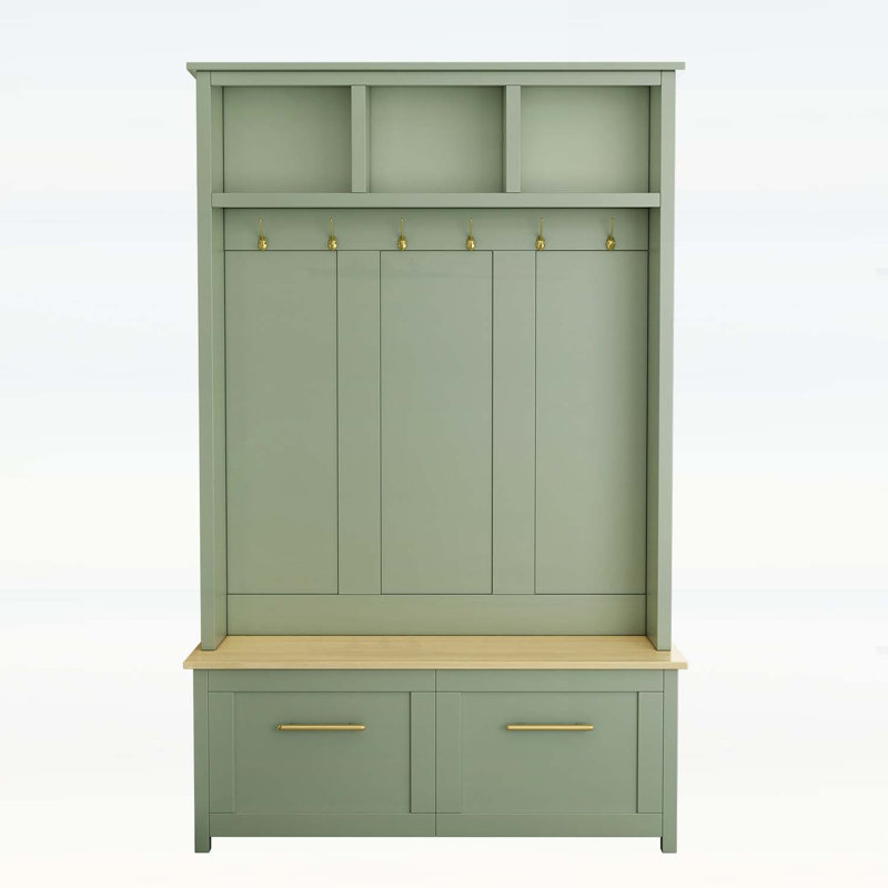 Space-Saving Hall Tree with Bench, 6 Hooks and Storage Drawers for Organized Entryways, Mint Green/Natural