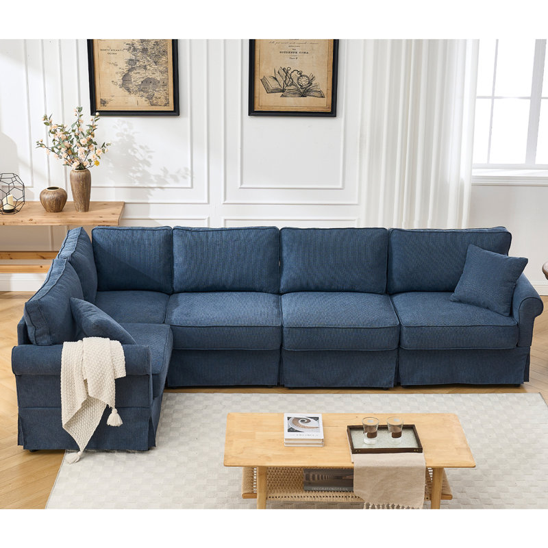 Canapé modulaire rembourré, canapé convertible en forme de L de 5 L en bleu foncé avec canapé en tissu doux, dossier à 5 places et ressorts ensachés