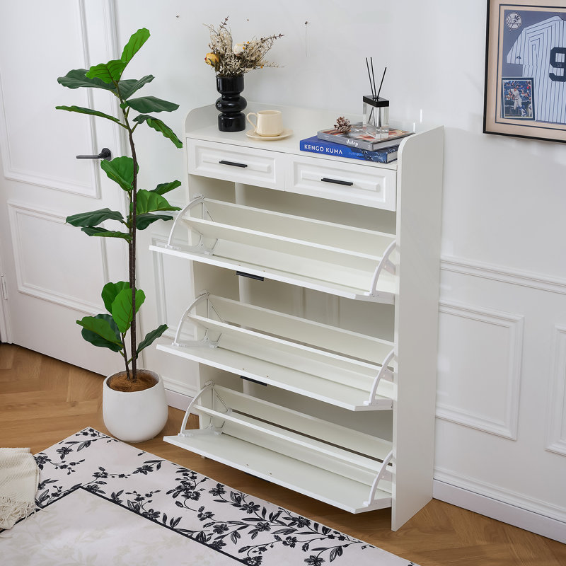 Deux tiroirs, trois portes pliantes, grande armoire à chaussures de rangement, blanc, Blanc