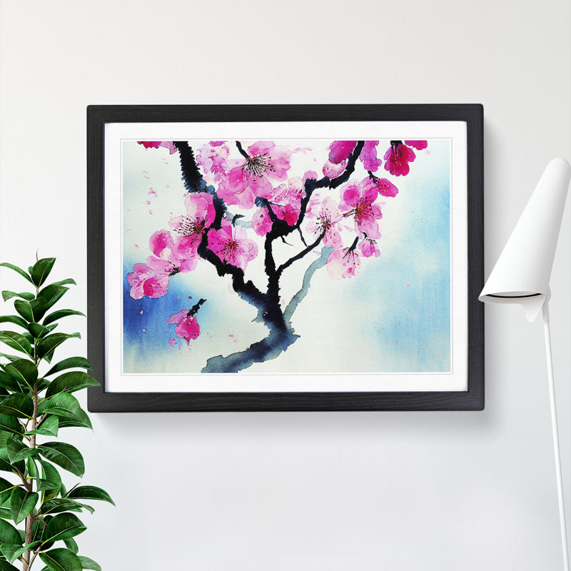 Cherry Blossom Watercolour Flowers Vol.1 - Single Picture Frame Painting, 46cm H x 64cm W x 2cm D, Black Framed