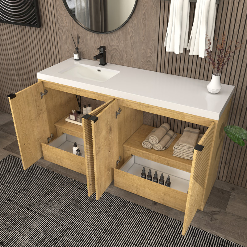 Meuble-lavabo autoportant 59 po avec lavabo gauche en acrylique renforcé Monterey, Gauche, Chêne
