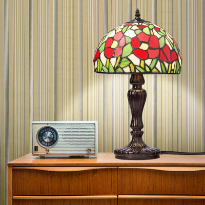 17"H Genevieve Red Flowers Stained Glass Candlestick Table Lamp