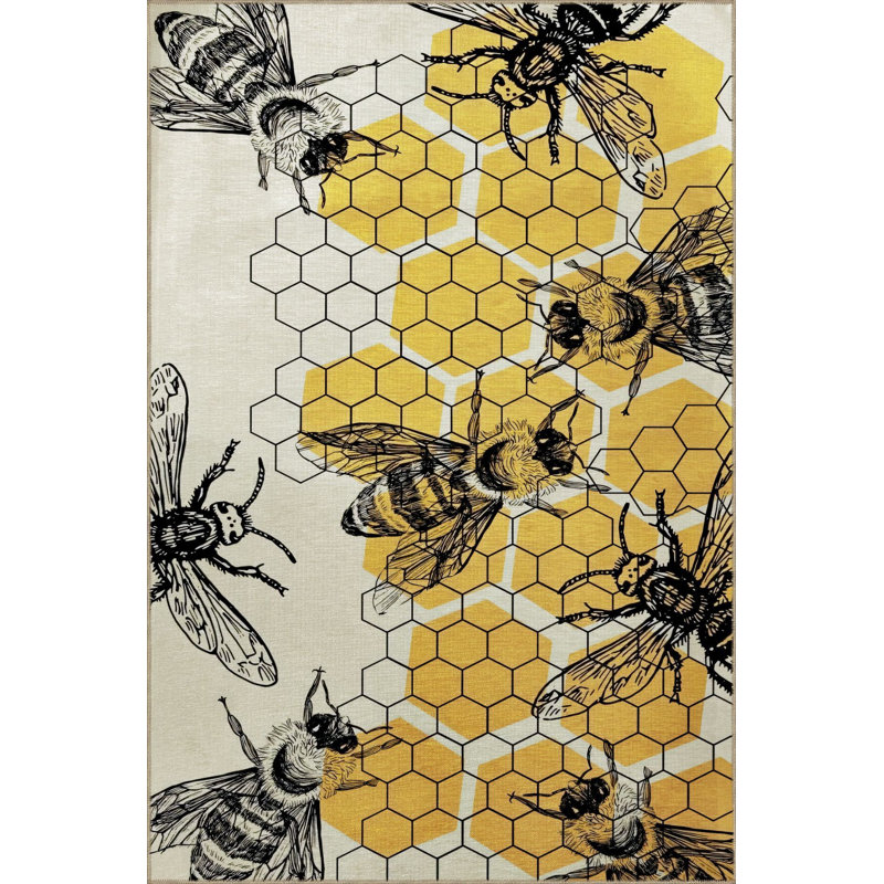 Tapis décoratif moderne jaune à motif de ruche et d'abeille, Sous-tapis rectangulaire de 3 pi 3 po x 4 pi 11 po