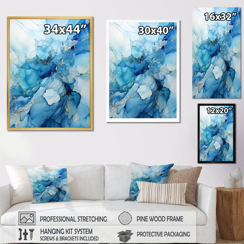 Minimalisme blanc et bleu glacier - reproduction sur toile, Cadre naturel flottant, H 32 po x l 16 po x P 1 po