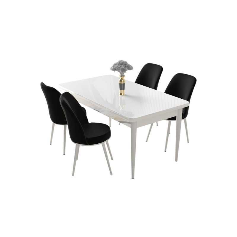 Ensemble de table et chaises de salle à manger moderne 5 pièces, blanc et noir | Table en carton 100% enduit de mélamine (43,3 po x 29,9 po x 27,9 po) avec pieds en métal | Chaises confortables en tissu Jerry (4) avec dossier en mousse 22 et siège en mousse 28, design élégant et durable