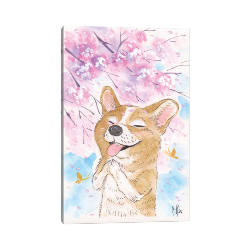 Cherry Blossom Wishes - Corgi by Martin Hsu - Painting on Canvas, 20.32 cm H x 30.48 cm W, Wrapped Canvas