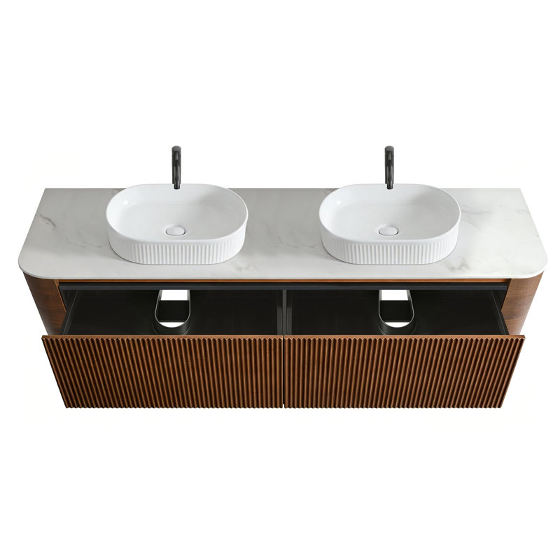 Meuble-lavabo double en céramique, Walnut, 71" W