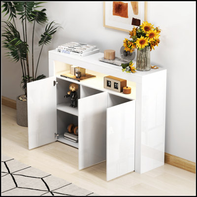 Modern LED Sideboard Storage Cabinet With High Gloss Finish And 3 Doors, Perfect For Living Room And Dining Area