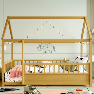 Structure de lit simple, clôture haute, couleur naturelle maison, pin, conception stable, lit d'entrée spacieux, structure en bois de 20 pouces, bois de pin, décoration de chambre à coucher