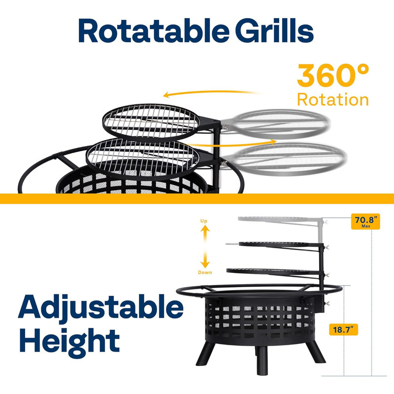 36 Inch Wood Burning Fire Pit With 2 Cooking Grill Grates
