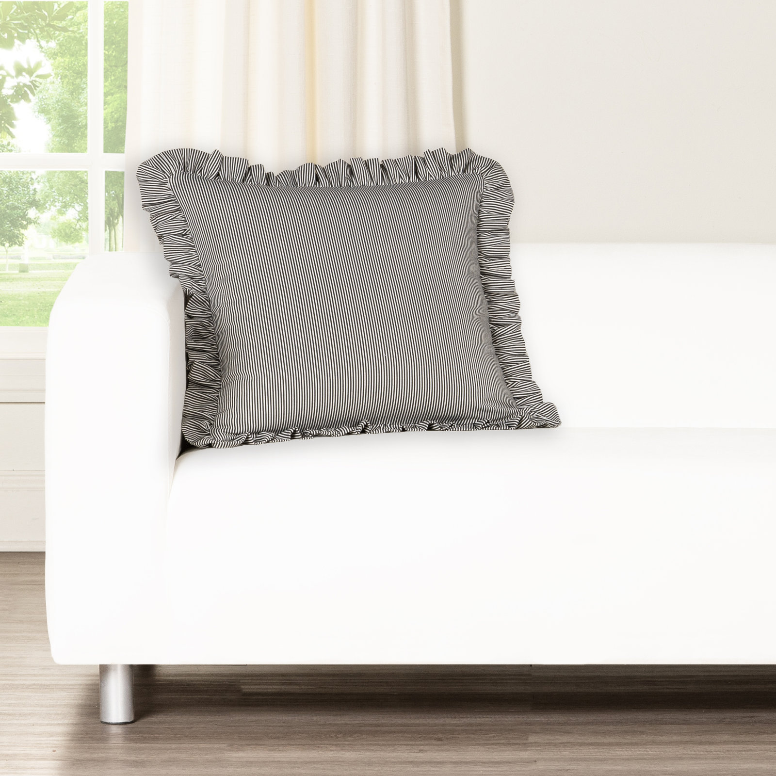 Birch Lane Oxford Stripe Ruffled Accent Pillow, Polyester, Black