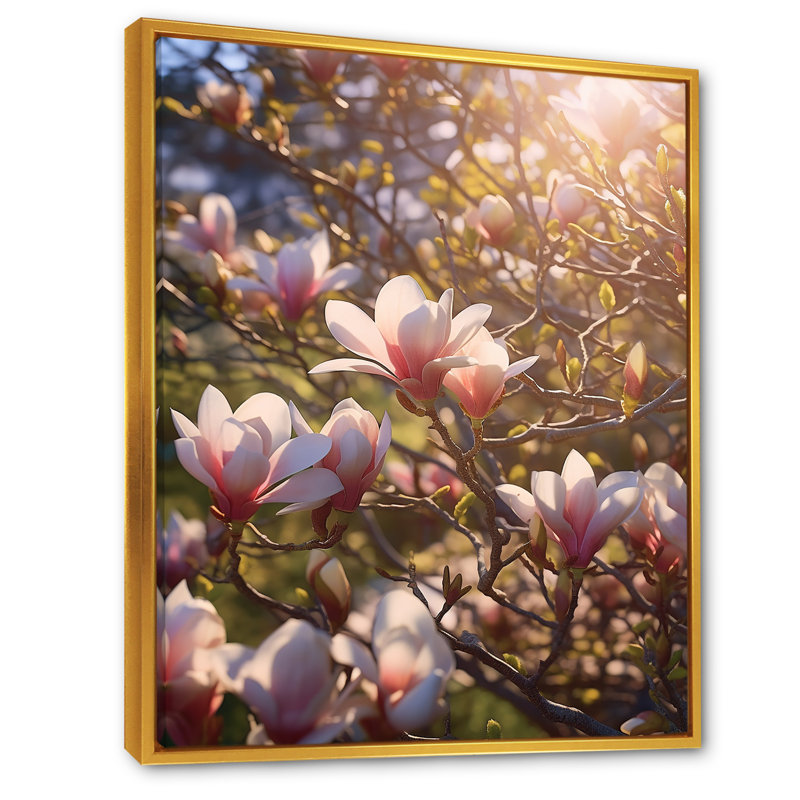 «Magnolias roses», impression sur toile, Cadre flottant doré, H 40 po x l 30 po x P 1,5 po
