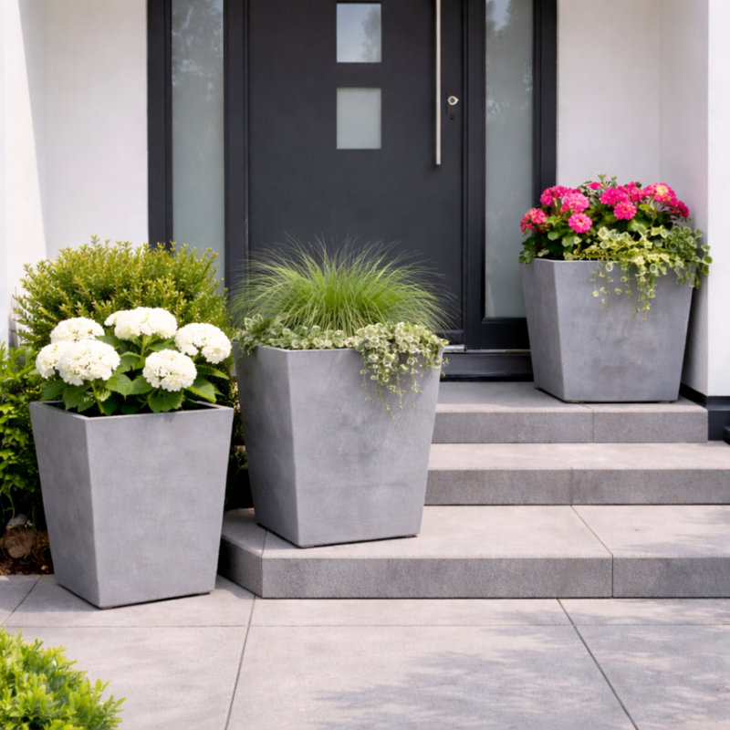 Taiyari Planter Concrete Effect Recycled Plastic Garden Trough, 41cm H x 40cm W x 40cm D, Grey