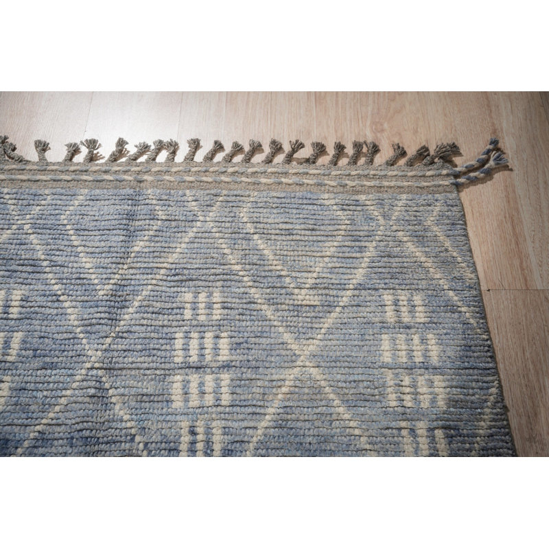 8x10 Blue Hand-Knotted Wool Diamond Lattice Tribal Modern Contemporary Carpet Rug
